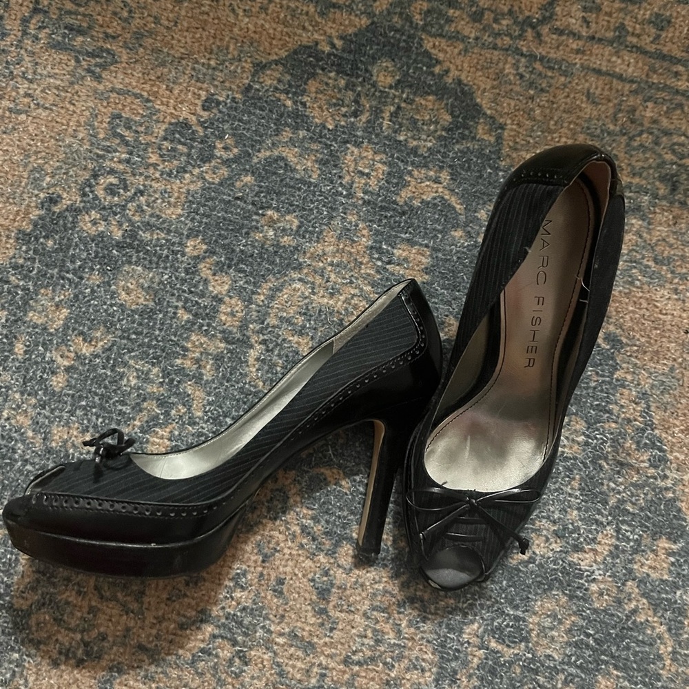 Vintage Marc Fisher Black Peep-Toe Platform Stilettos with Bow Detail
